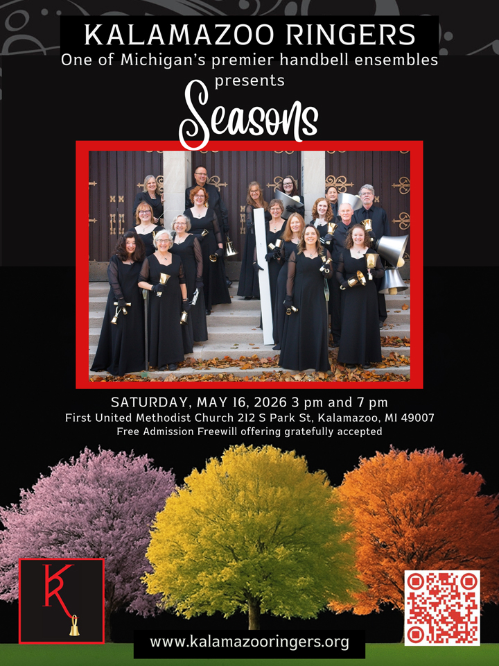 Gallery 3 - Kalamazoo Ringers concert poster - black, with group photo and trees
